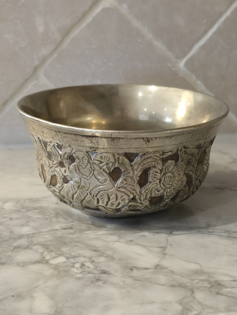Antique Silver and Copper Asain Offering Bowl Art Dish Wabi Sabi Pot